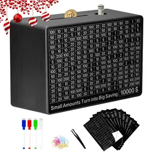 (Free pen and clip) Large capacity wooden cash piggy bank, children's piggy bank, savings plan challenge, comes with replaceable stickers, suitable for children's birthday gifts, parties, Christmas gifts, Wooden Savings Box