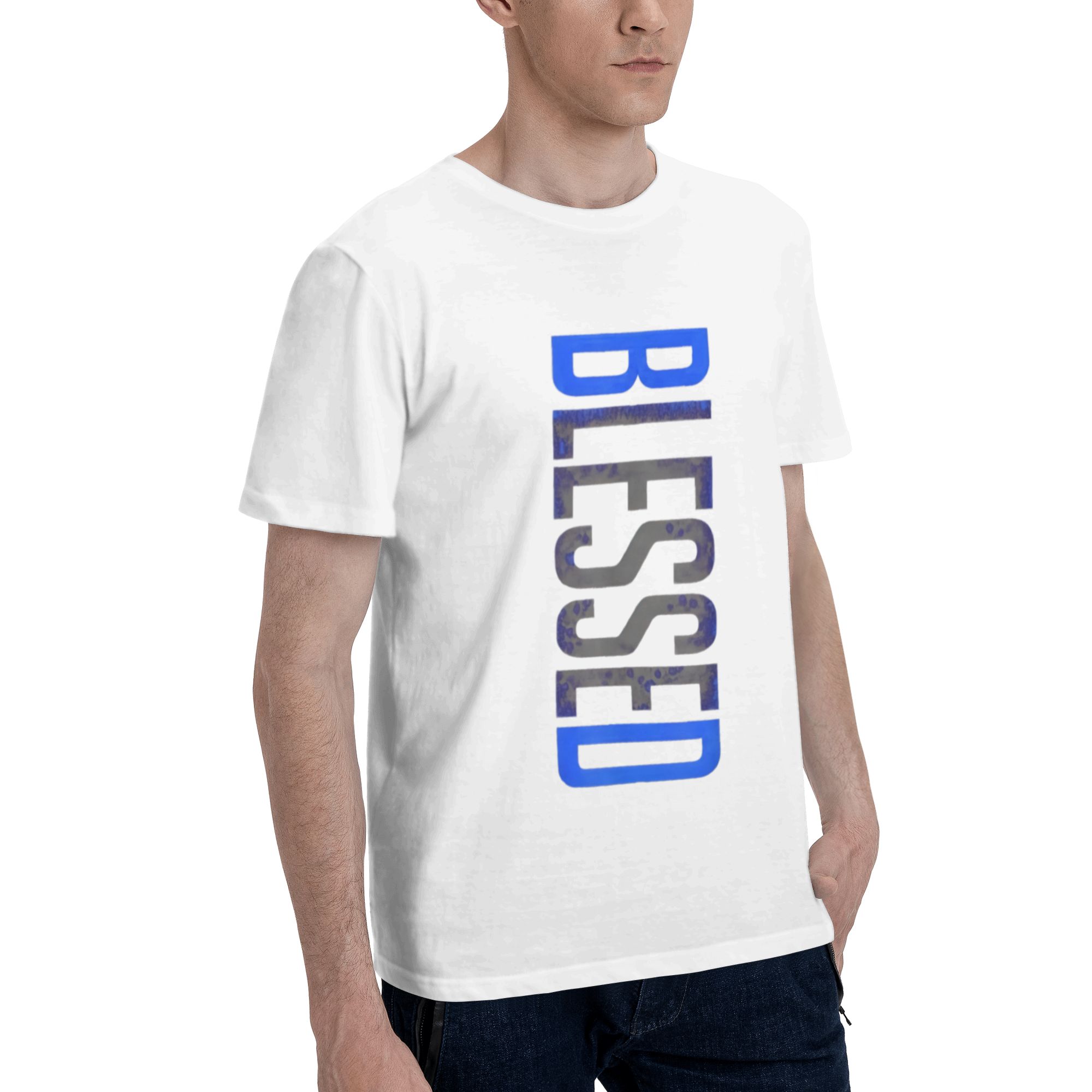 Blessed Vertical Text Graphic T-Shirt Men Casual Streetwear Hip Hop Tee