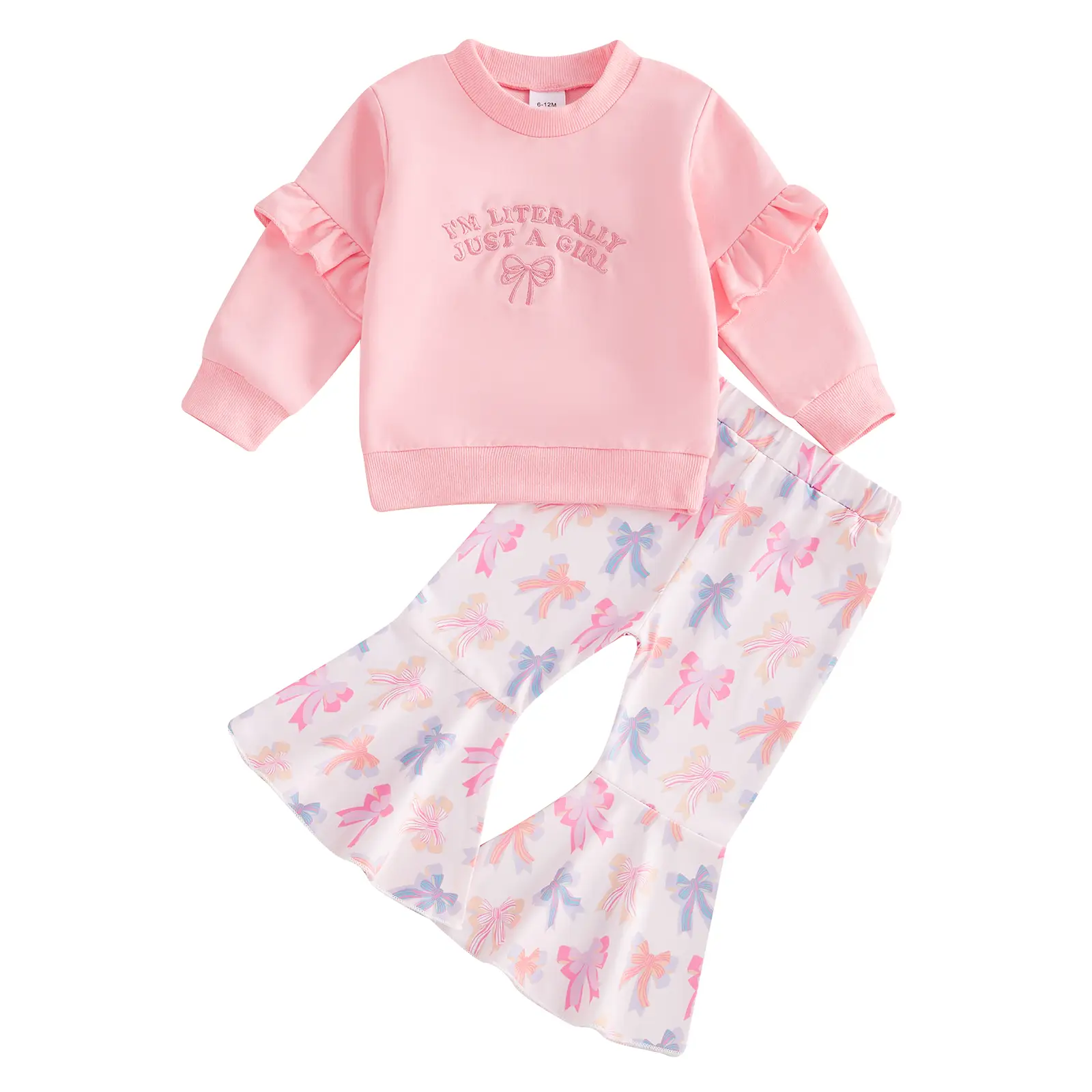 Toddler Baby Girl Clothes Fall Winter Letter Bow Embroidery Print Long Sleeve Sweatshirt Flare Pants Set 2PCS Outfit