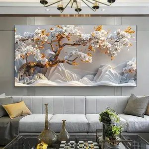 1 piece framed canvas painting - white flowers and golden leaves, quiet landscape of mountain clouds, modern space neutral tones, complex details, large canvas wall art, suitable for living room, bedroom, office decoration