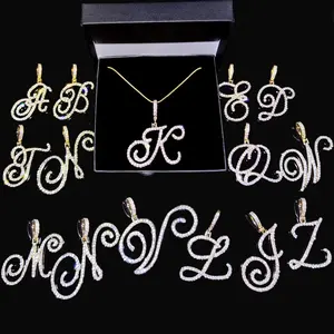 Fashion A-Z Initial Cursive Letters Pendant Necklace For Women Gold Silver Color Shiny Rhinestone Metal Chain Necklace Jewelry Gift