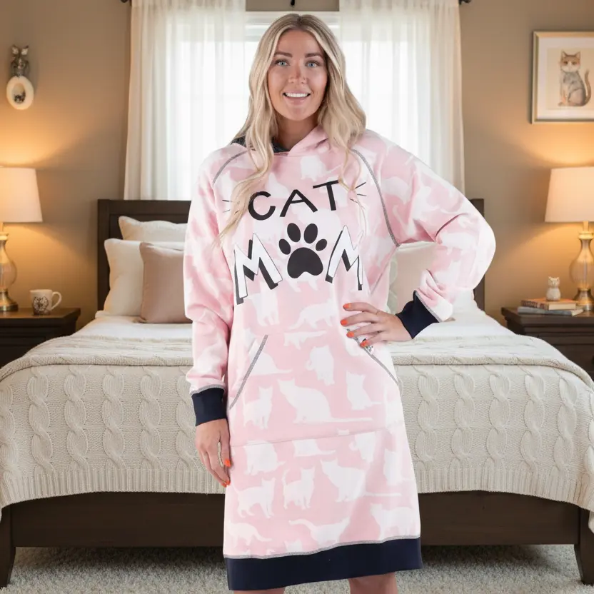 Women's Oversized Hooded Neck Graphic Cat Mom Hoodie Dress - L/XL Longline Loungewear Tunic, Pull On Long Sleeves, Peached Cotton-Polyester, Contrast Binding, Kangaroo Pocket, Ribbed, Soft, Preshrunk, Thumbholes, Birthday Gift, Cold Wash Top