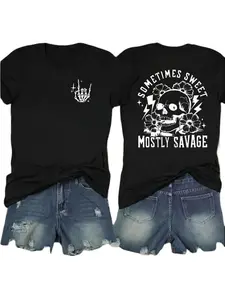 Women's Letter & Skull Print Round Neck Graphic Tee, Vintage Trendy Casual Short Sleeve T-shirt for Daily Wear, Ladies Summer Outfit, Top