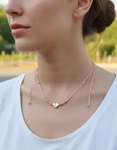 Adjustable Pink Thread Necklace with Brass Heart and 18k Gold Plating