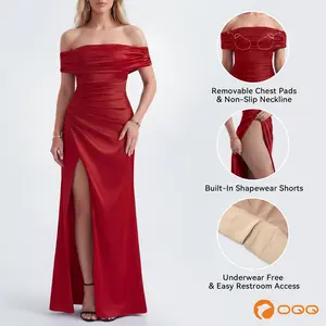 OQQfitness Womenswear Party Maxi Dresses Pleated Elegant Off Shoulder High Split Bodycon Evening Wedding Dresses in Quality Fabric - Formal