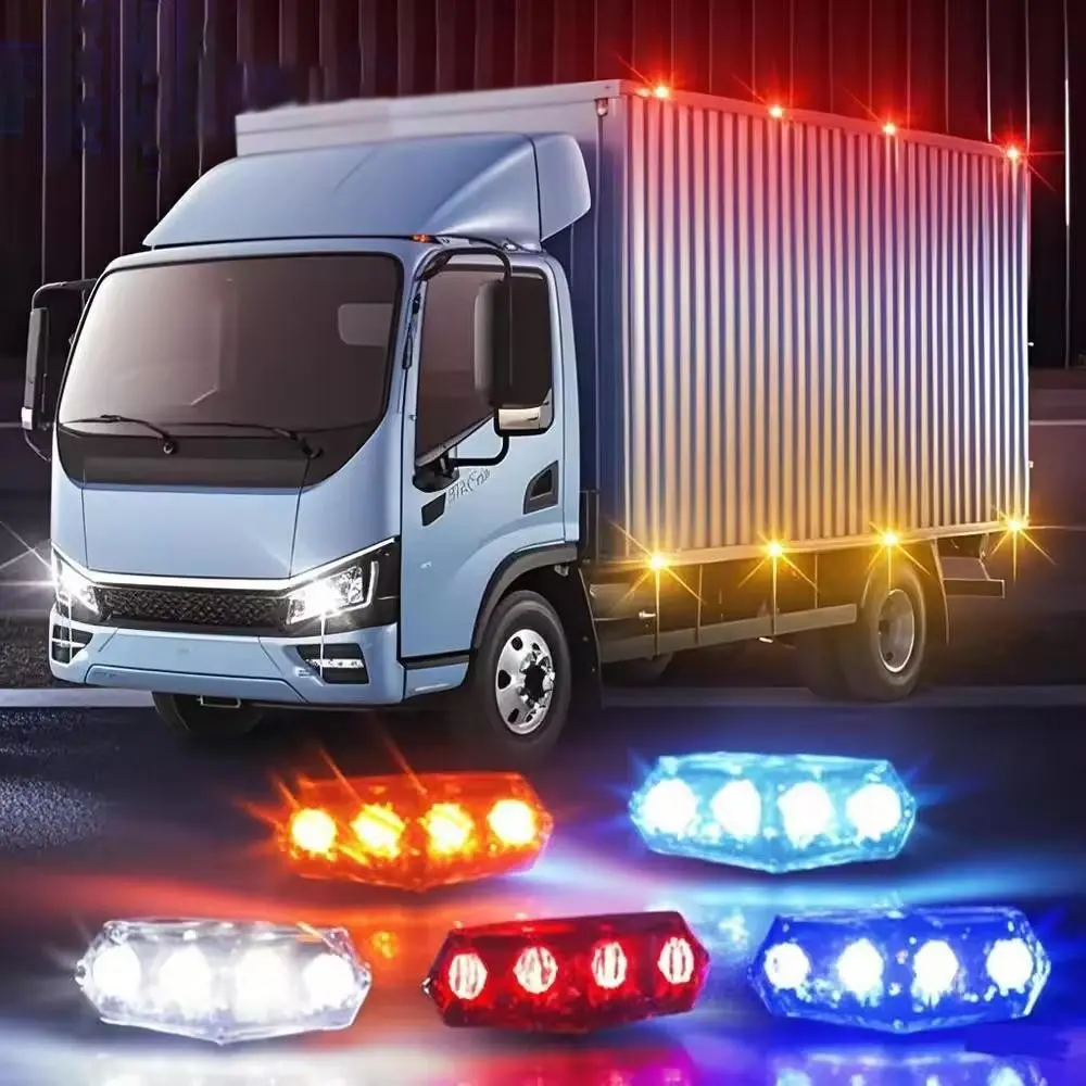 FCCEMC 4 Pcs Truck Warning Lights Solar Charging Vibration Induction LED Anti-collision Strobe Side Marker Light Reflective Sticker Installation Car Accessories