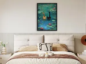 Pet Lover Gift Funny Monet Famous Painting Remix Wall Poster, Orange Cat Black Cat In Blue Water Lily Pond Canvas Print, Soft Warm Decor For Home Hotel Dormitory