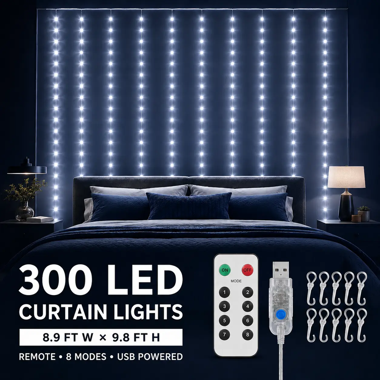 White Indoor Curtain Lights, 300-LED USB-Powered with Remote & Hooks, 8-Mode 8.9×9.8 FT Hanging Lights for Bedroom, Wedding Decor