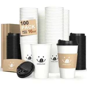 with Lids and Sleeves, 16 Ounce 100 pack with Lids, Disposable Hot Coffee Paper Cups Bulk for Hot Beverage (16 Ounce, White)| with Lids