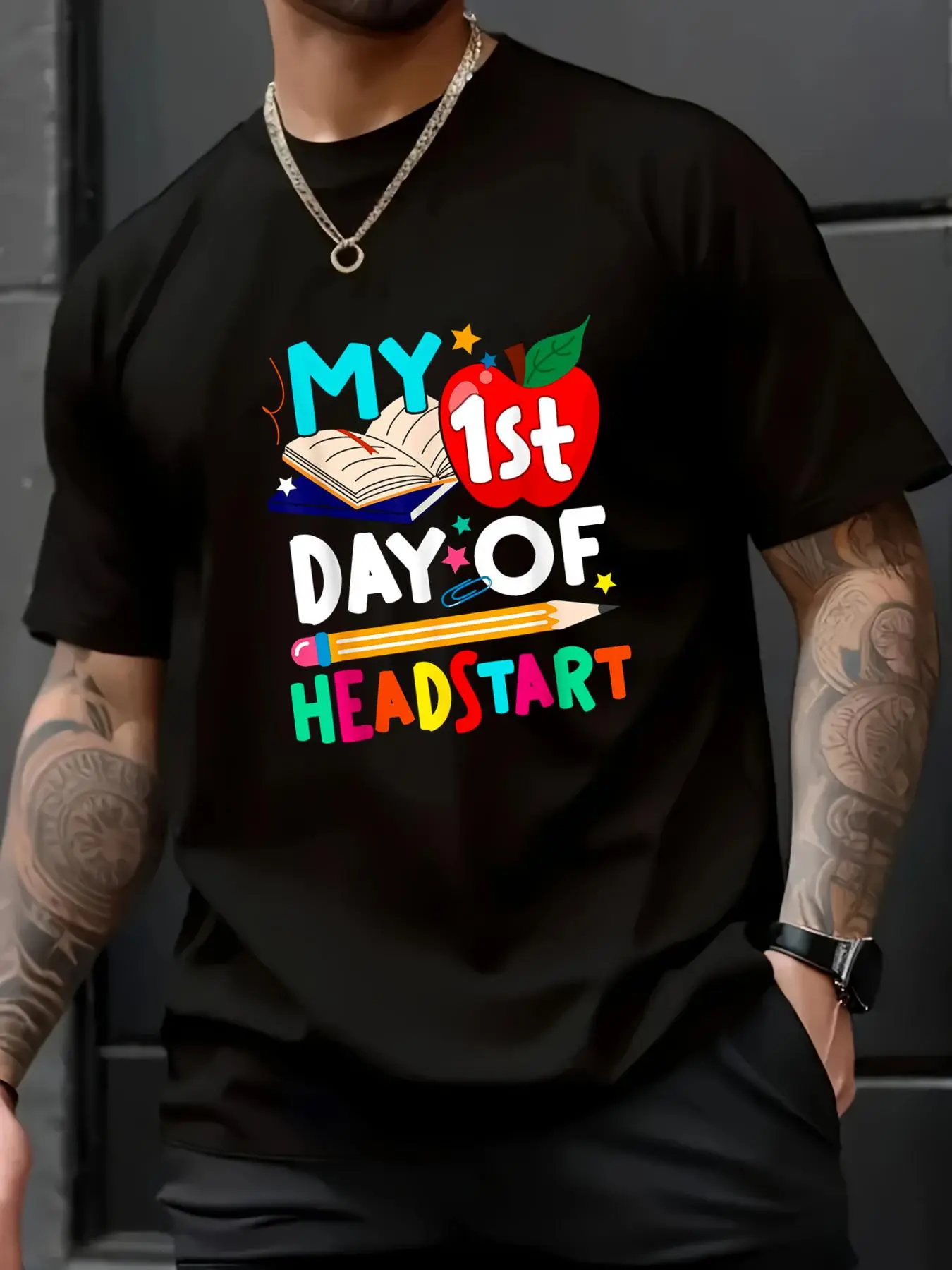 Unisex 100% Cotton Fabric "Hello Head Start" Graphic T-Shirt - Round Neck, Soft Loose Fit Short Sleeve, for Teachers, All Seasons, Pair with Jeans, Avoid Ironing Prints, Cold Wash Menswear Top