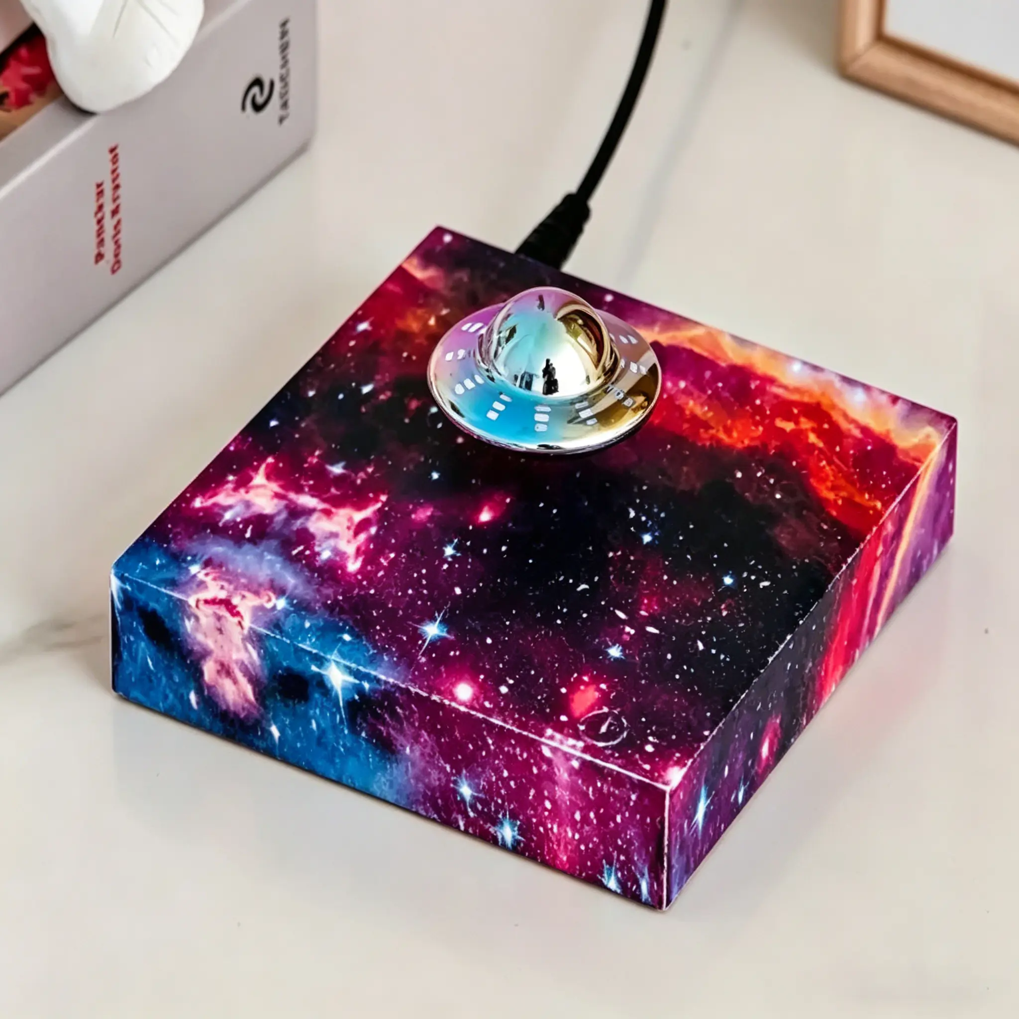 Magnetic Levitation UFO Night Light , Galaxy Starry Sky Print Levitating Platform with LED Glow, Magnetic Floating Stand for Levitation Lamp, Figurine & Model, USB Powered, Ideal for Kids Bedroom Decor, Space Themed Gift