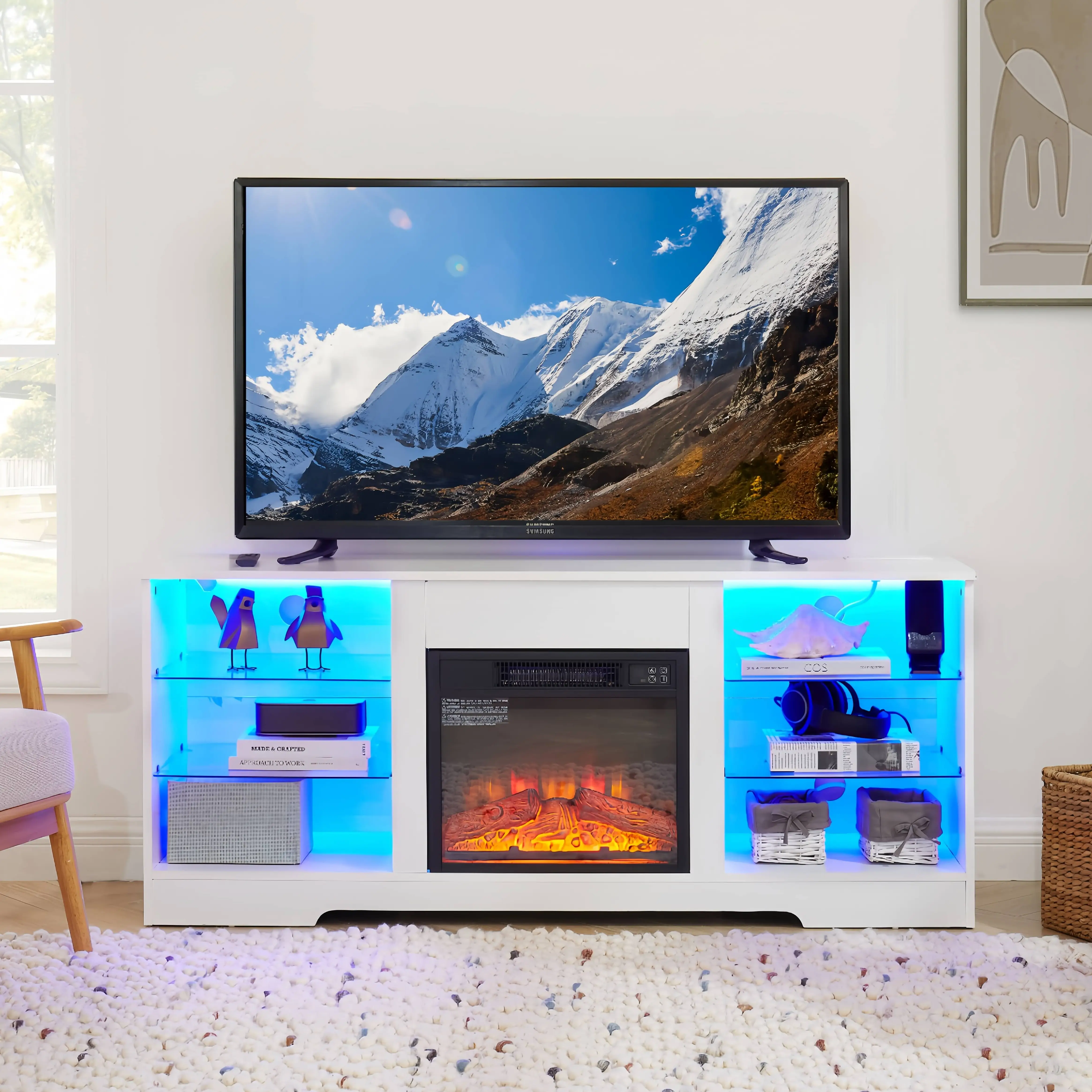 Modern White TV Stand with Glass Shelves, 3D Fireplace, LED Lights, USB Charging Outlet, Fits TVs up to 32-65 Inches (White)