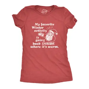 Womens My Favorite Winter Activity T Shirt Funny Santa Claus Christmas Novelty Graphic Tee Funny Womens T Shirts Cute Vintage Fashion Casual Ladies T-Shirt Gift Christmas Tops for Women Funny Introvert Top Red