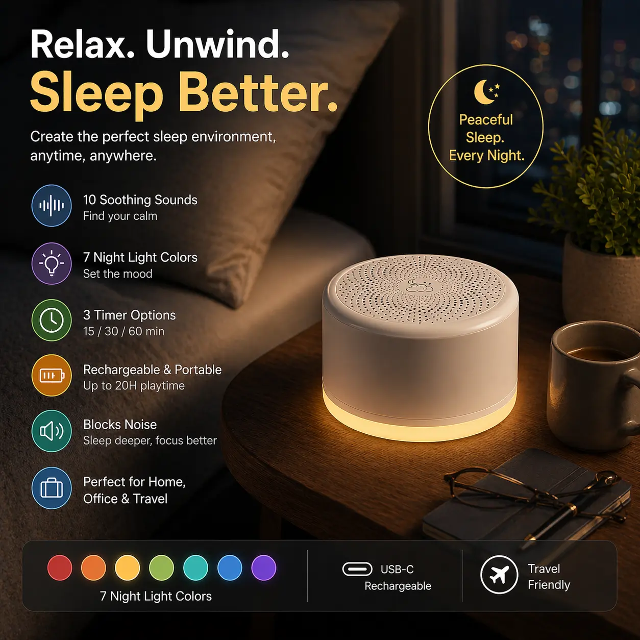 Portable White Noise Sound Machine, 10 Soothing Sounds Rechargeable Sleep Aid, Mini Travel Sound Machine with 3 Timers Adjustable Volume Colorful Night Light, Ideal for Baby Adults Home Travel Registry Gift