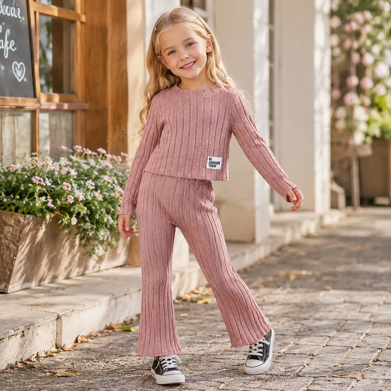 Toddler & Little Girls 2-Piece Ribbed Knit Set | Long Sleeve Top & Flare Pants | "Be Awesome Today" Motivational Outfit | Dusty Rose | Sizes 4-7Y