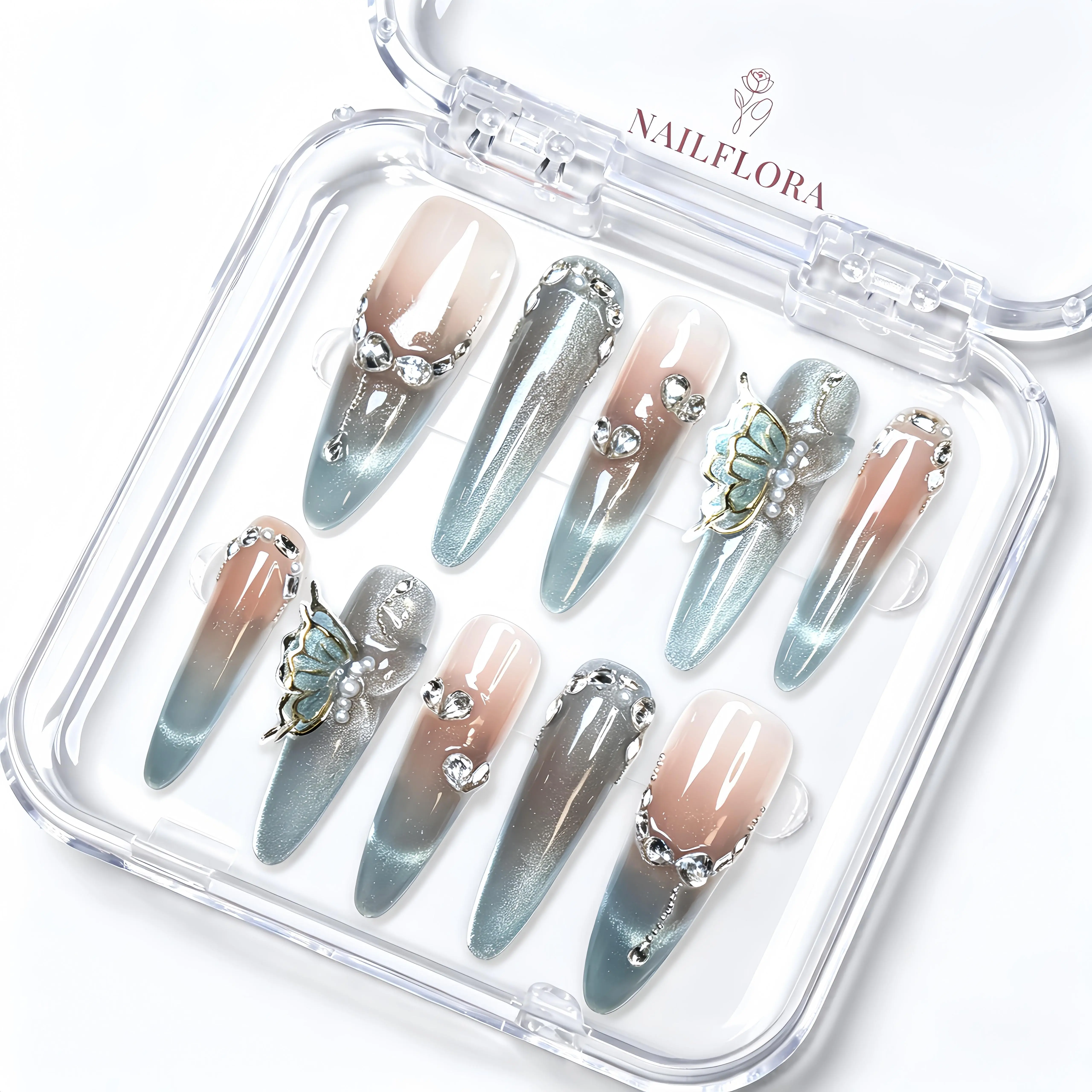 【BUY 2 GET 1 FREE】 NailFlora Glacier Veil – Handmade Press-On Nails | Elegant, Glossy, Salon-Quality Luxury Nail Set