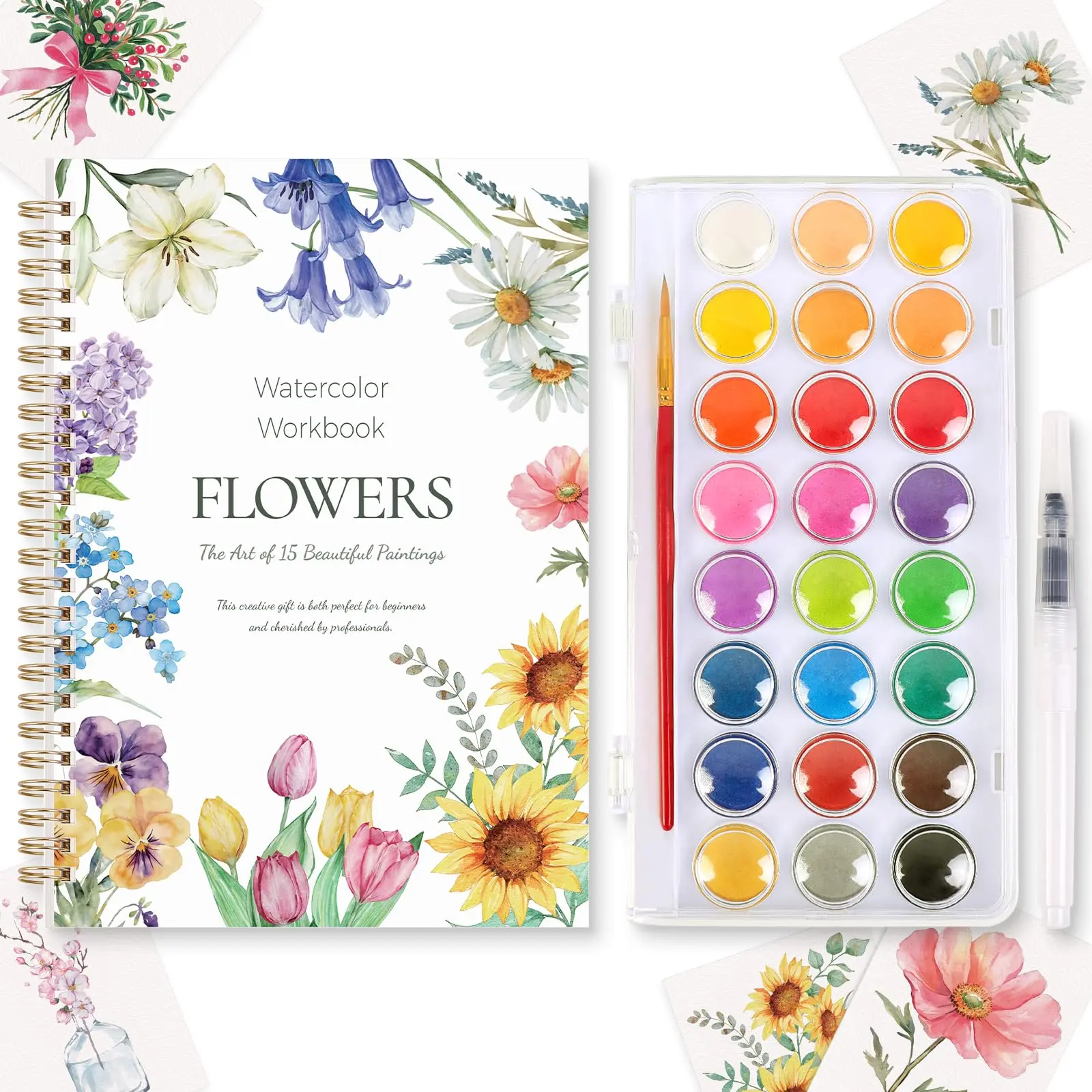 SKYDUE Watercolor Workbook for Beginners, 24 Paint Colors, 15 Floral Botanical Step-by-Step Tutorials, Thick Watercolor Paper, Easy Painting Art Set for Adults Teens Relaxing Art Gift