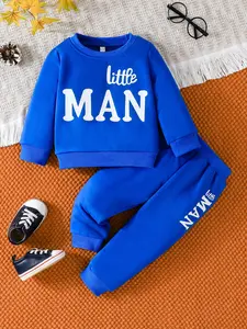 Super Cute Toddler Boy 'Little Man' Tracksuit Blue Long Sleeve 2-Piece Set | Stylish Casual Daily Wear Pants for Baby Boys