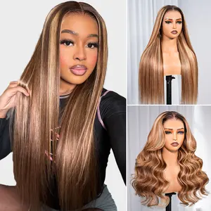 Megalook 13x6 Glueless Lace Honey Blonde Highlight Ombre Colored 2P4/27 Straight  100% Virgin Human Hair Soft Thick Wig With Drawstring Band