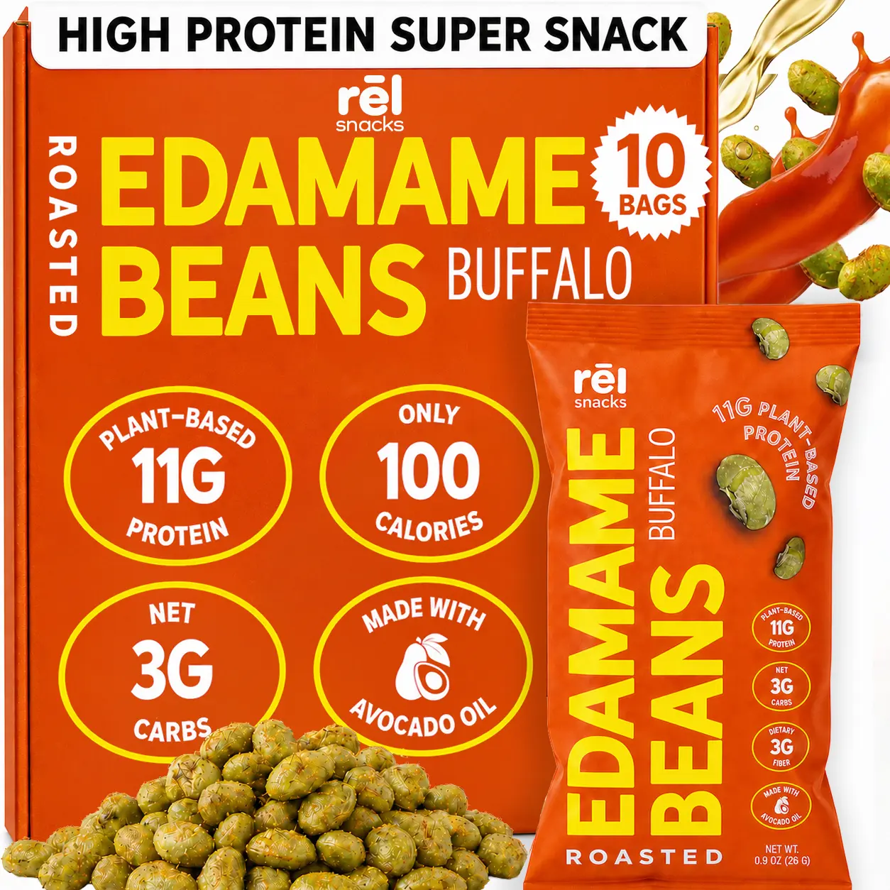 Rel Snacks Buffalo Crunchy Roasted Edamame Beans 0.9OZ 10 Pack Protein Fiber High Protein Low Carb Keto Friendly Snack