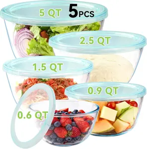 5 Pack Glass Mixing Bowls with Lids Set (5/2.5/1.5/0.9/0.6QT), Thick Glass Large Salad Bowl Set, Nesting Kitchen Bowls for Serving, Prepping, Cooking and Baking, Dishwasher,Oven,Microwave Safe