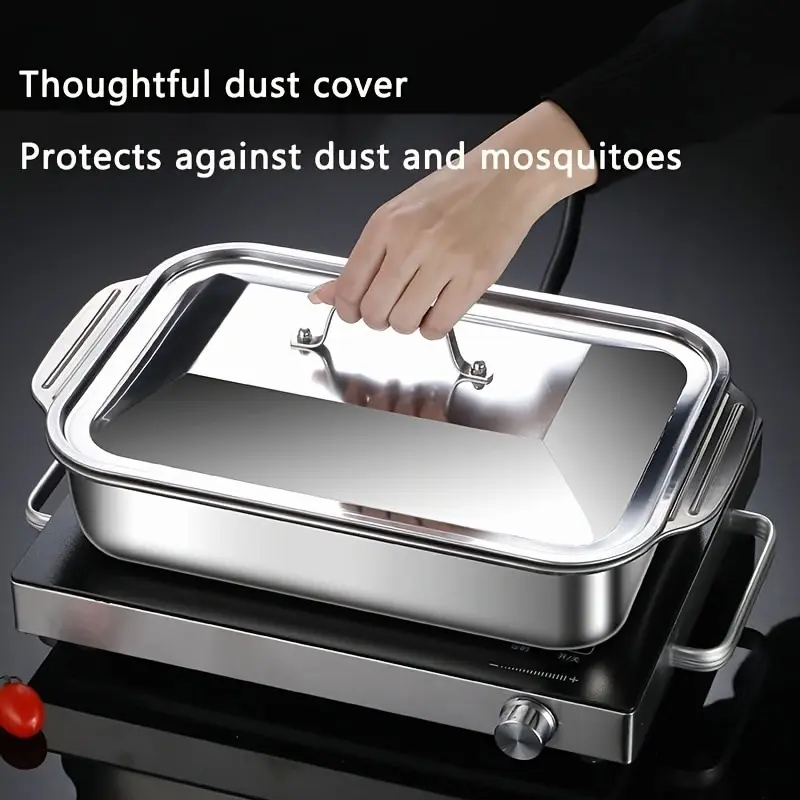 Extra Large Heavy Duty Stainless Steel Serving Tray Set with Lids 2/4/6/8 Pack, Nonstick Deep Stainless Steel Serving Plates for Turkey Chicken Fish Meat, Serving Trays for Bread Cake Lasagna Vegetables, Durable Thick Rectangle, Dishwasher Safe
