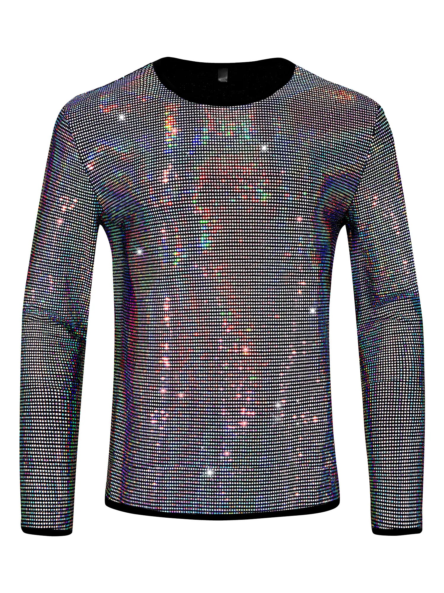 INSPIRE CHIC Sequins T-Shirt for Men's Crew Neck Long Sleeves Party Clubwear Sparkly Tee Tops