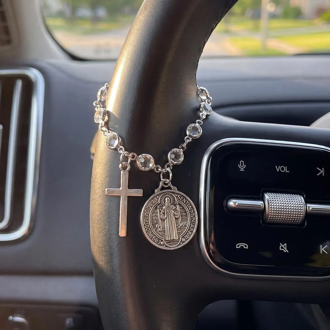 Catholic Protection Rosary Car Accessory St. Benedict Medal & Cross Pendant For Auto Interior Decor Religious Protection Pendant