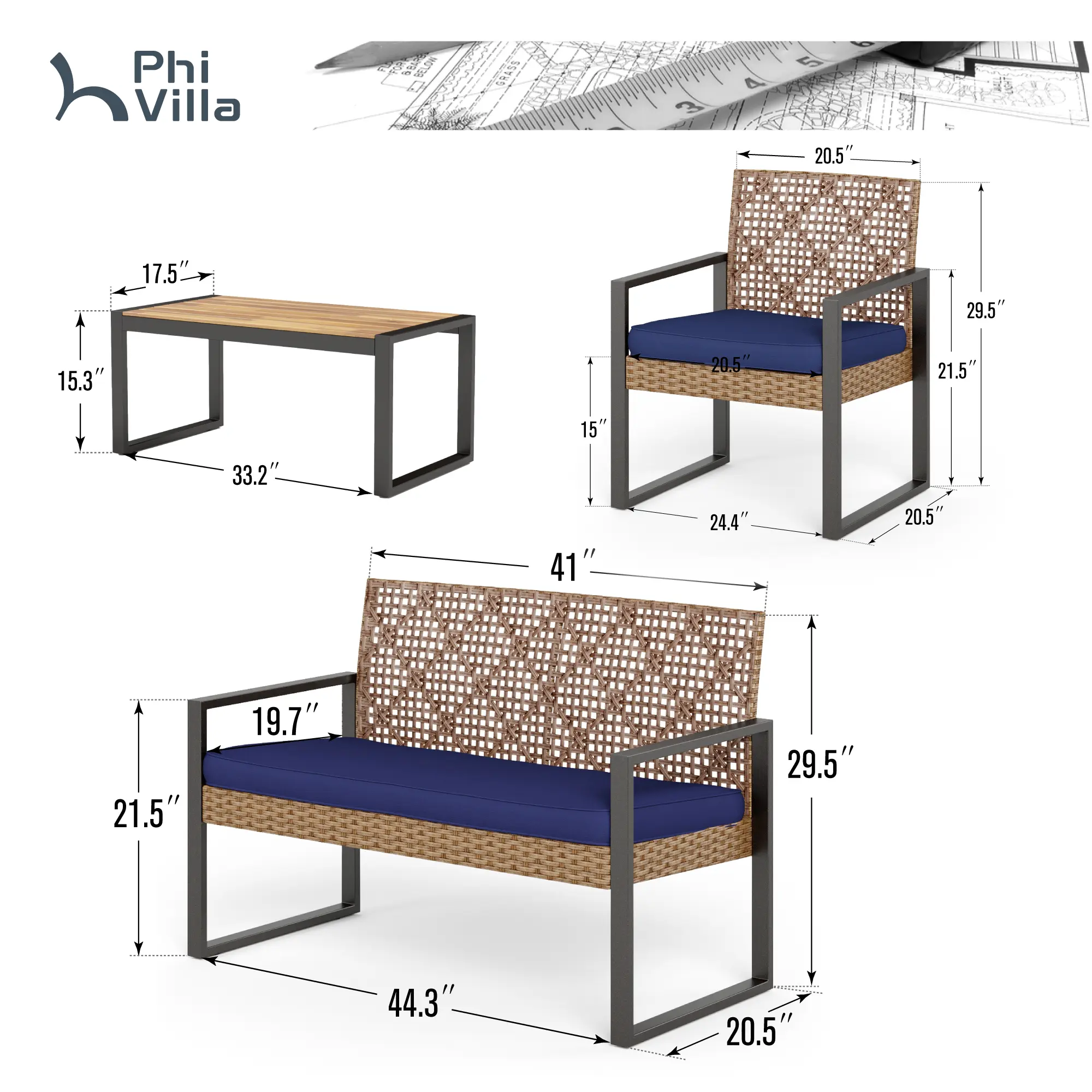 Brown Rattan & Navy Blue Cushion