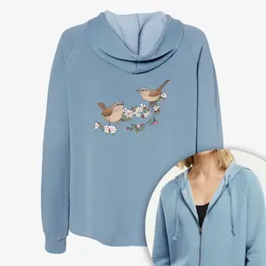 Spring Carolina Wrens on a Blooming Crabtree Branch - Women's Cali Wave Zip-Up Sweatshirt