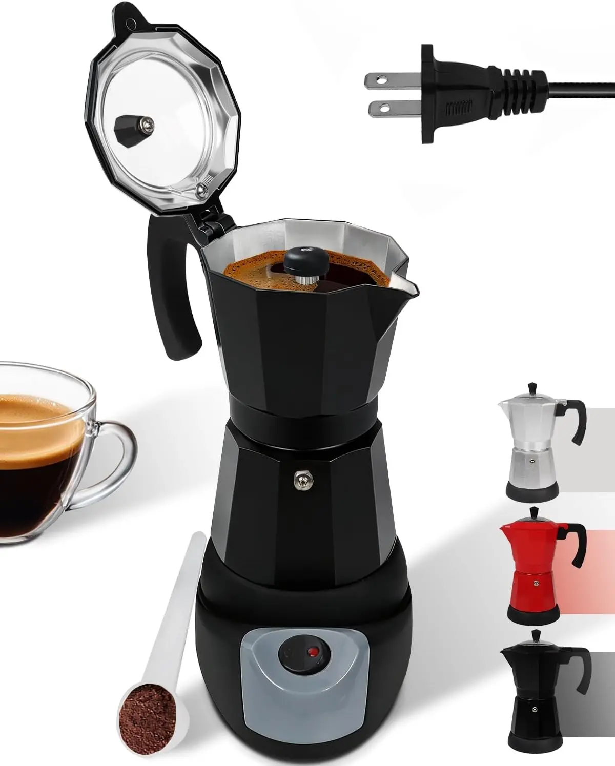 Electric Moka Pot with Detachable Base Aluminum Espresso Maker 10oz 6 Cup 300ml Black Italian Coffee Maker for Kitchen Home 110V