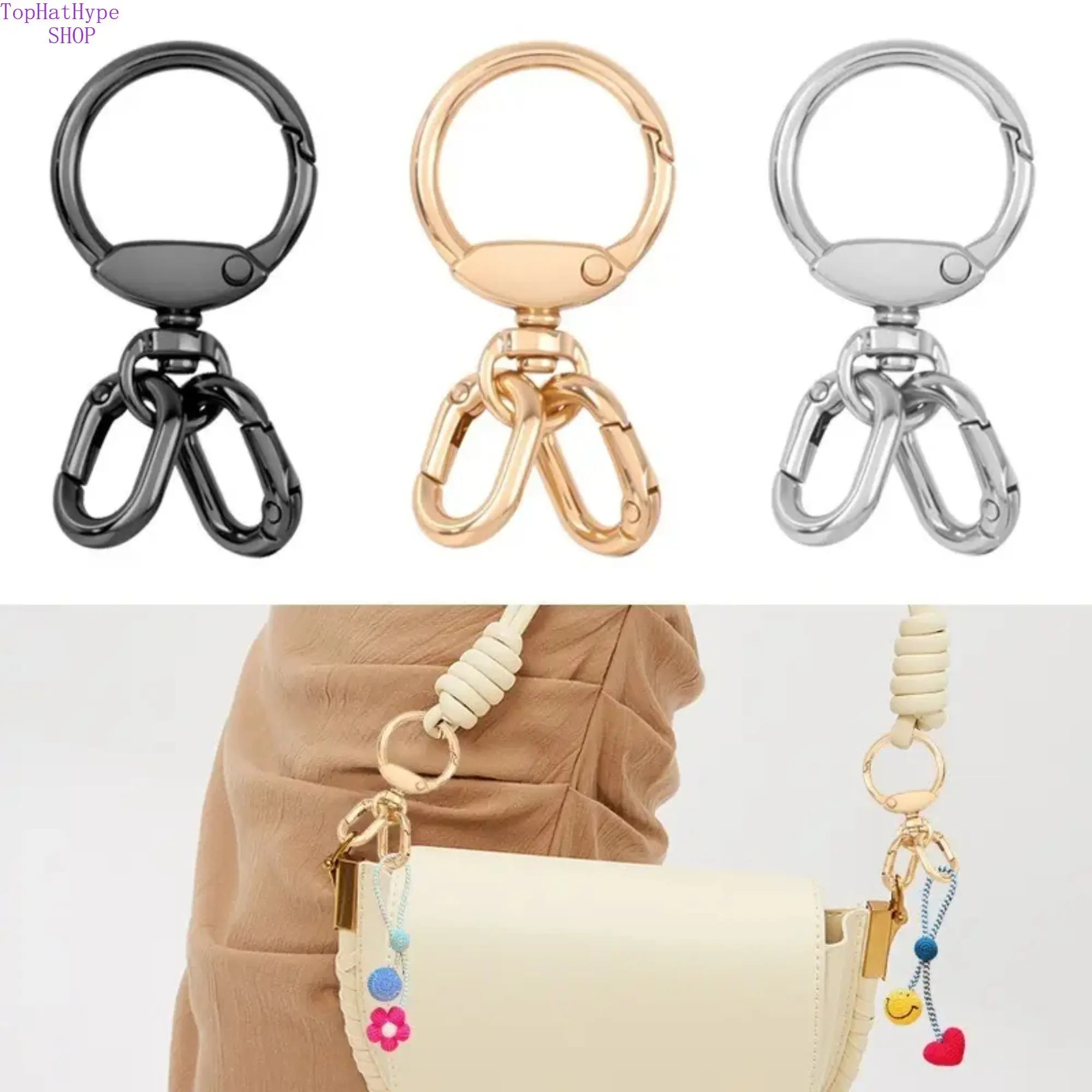 Multi-Functional 3-Way Metal Spring Buckle Clip, Wear-Resistant Alloy Keychain for Bags, 360° Rotating Lobster Claw Hook, Adjustable Bag Strap Buckle, DIY & Bag Charm Accessory Set for Creative Crafts