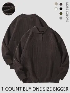 Men's Solid Drop Shoulder Collared Sweater, Regular Fit Casual Long Sleeve Jumper Winter Warm Pullover for Fall & Winter, Men's Knitwear for Daily Wear, Casual Fitted Pullover