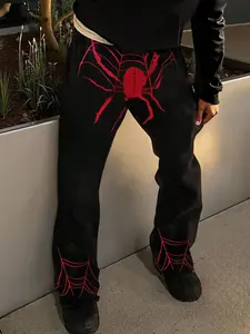 Men's Spider Pattern Loose Sports Pants, Dark Y2K Street Style, Casual Daily Wear, Fall Winter, Streetwear & Party, Athleisure Style Bottoms