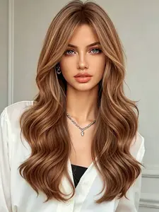 Caramel Brown Highlight Wig with Curtain Bangs - Long Wavy Synthetic Hair Wig for Women, 22 Inch Natural Middle Part Heat Resistant Wig for Daily Party Cosplay