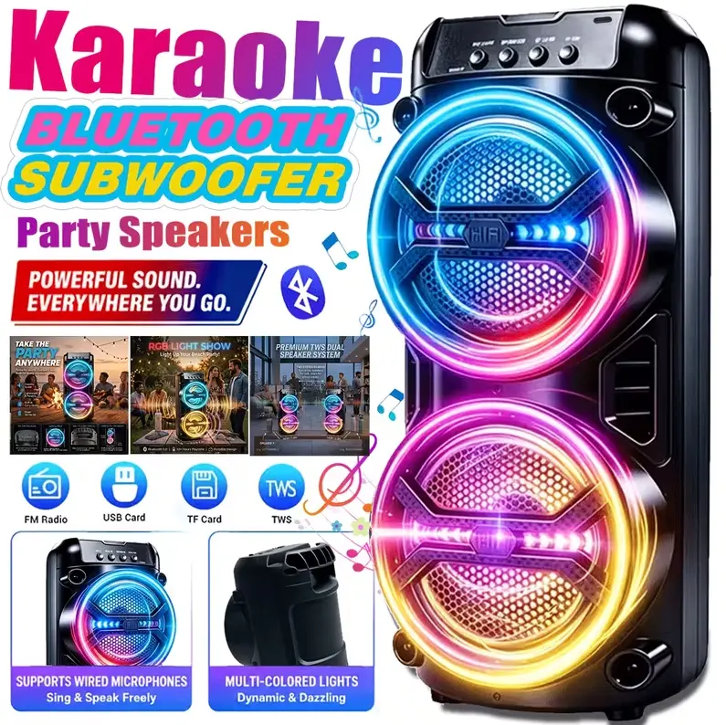 Portable Bluetooth Speaker, Bluetooth Party Speaker with RGB LED Lights, Rechargeable Speaker, TWS Pairing, USB, TF Card, AUX, FM Radio & Microphone for Home, Camping & Outdoor