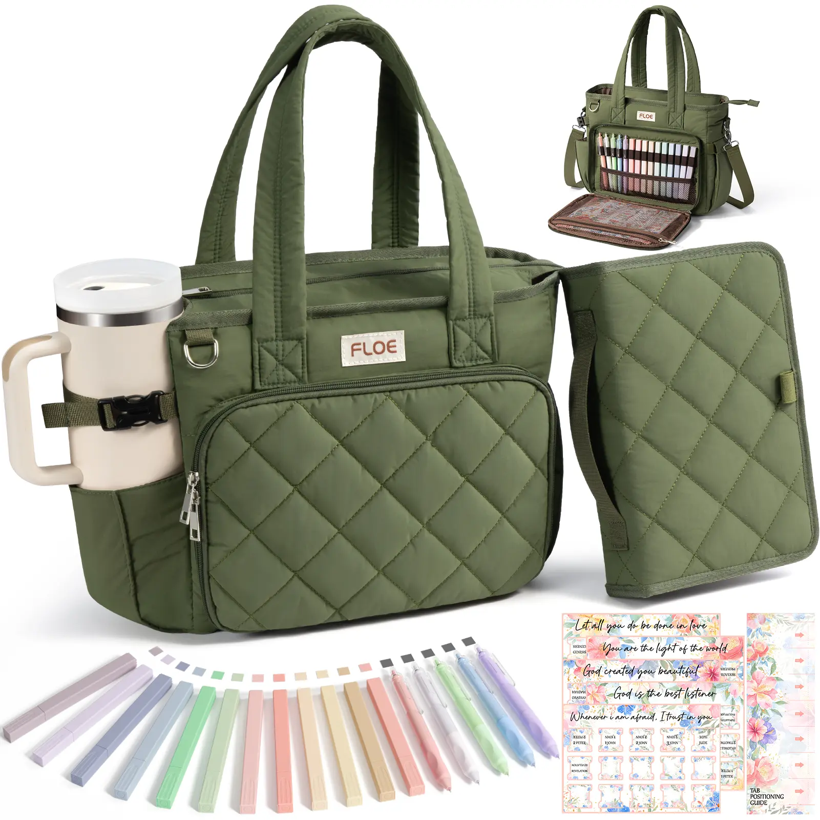 FLOE Large Bible Bag with Bible Cover Case for Women, Puffer Bible Tote Bag Quilted Church Bag Book Carrying Case w/Shoulder Strap, Bible Study Supplies Journaling Kit Accessories Easter Christian Gifts for Women