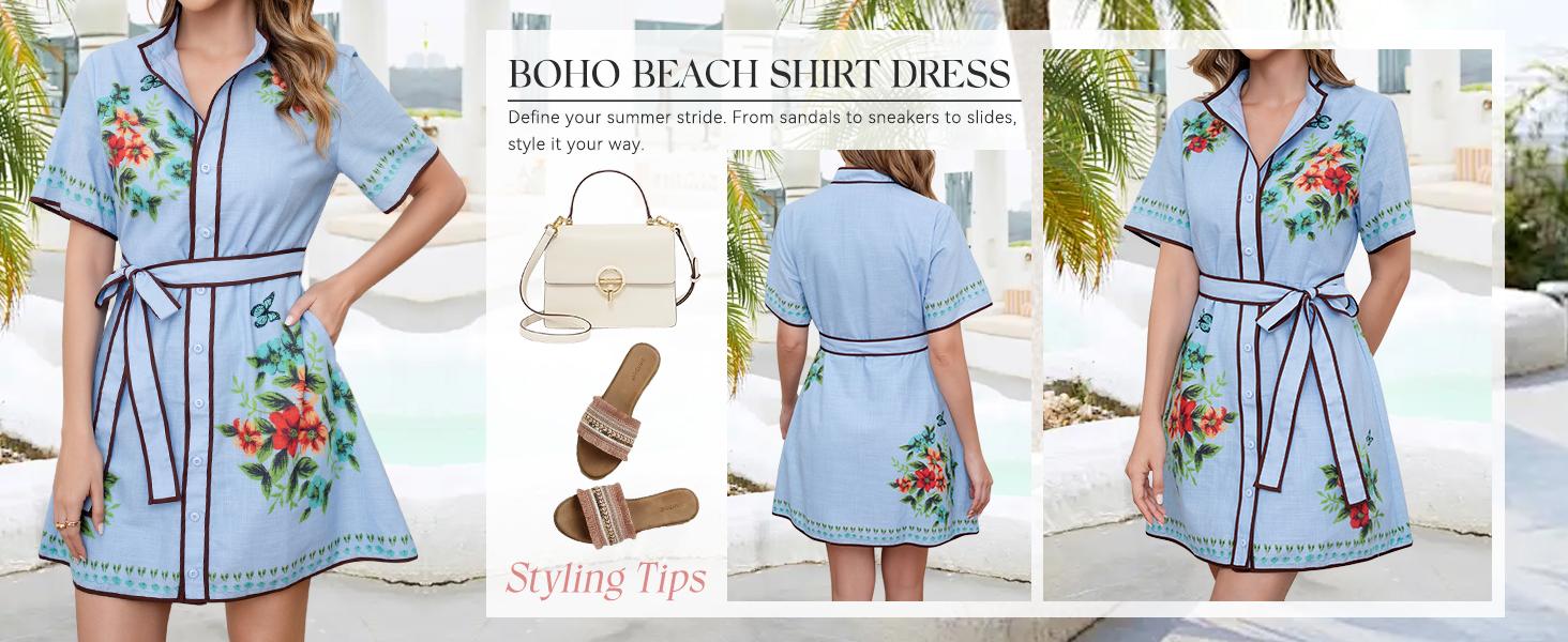 CHARTOU Women's Floral Linen Button Down Wrap Tie Knot Boho Beach Shirt Dress with Belt CHARTOU Women's Floral Linen Button Down Wrap Tie Knot Boho Beach Shirt Dress with Belt