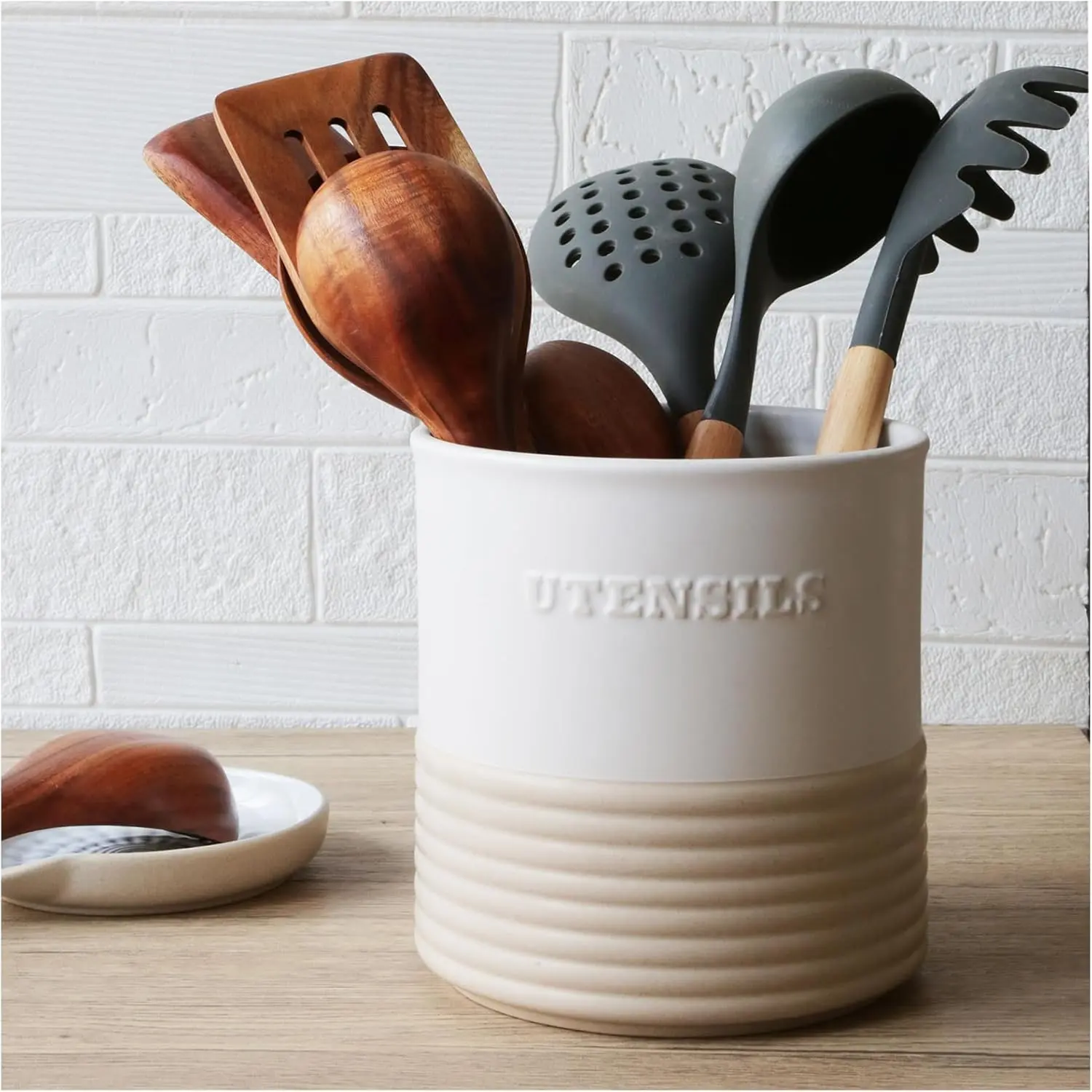 Ceramic Utensil Holder,Farmhouse Kitchen Utensil Holder for Countertop,Large Kitchen Utensil Organizer,Cooking Utensil Crock.