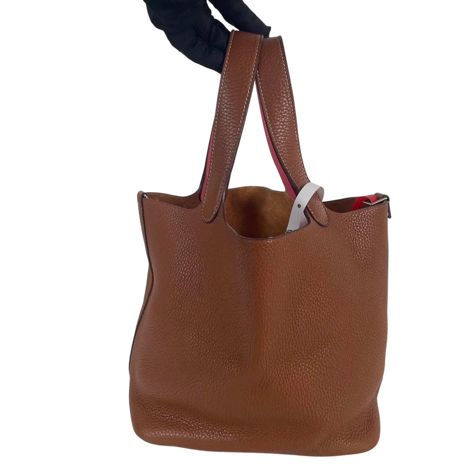 Pre-owned HERMÈS calfskin Messenger Bags Picotin Lock, Gold Togo Calfskin, Rose Pink Interior, Silver Hardware Bucket Tote Handbag++Bag charm++