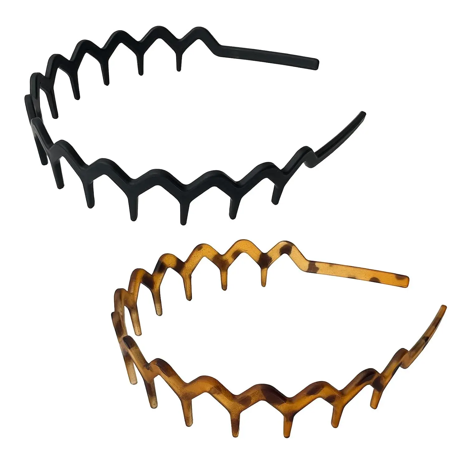 2 Pack Zig Zag Headbands for Women & Girls, Wavy Comb Hair Bands with Matte Finish, Black & Tortoise Shell Non Slip Hair Accessories for Styling, Everyday Wear, Sports & Makeup