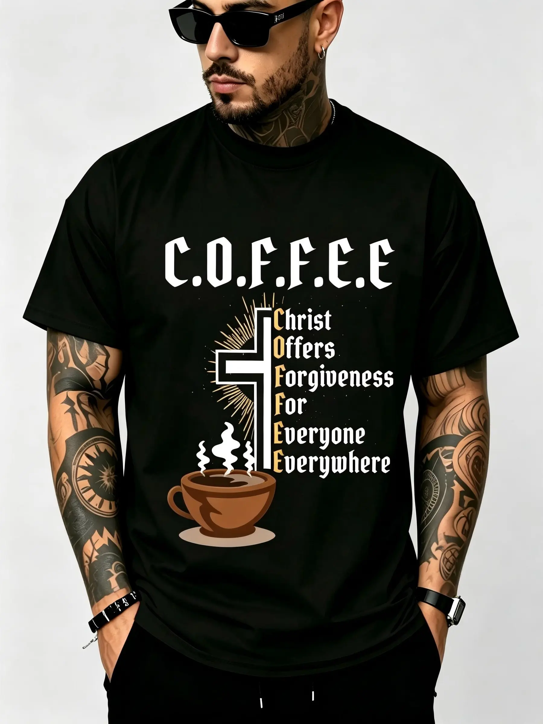 C.O.F.F.E.E "Christ Offers Forgiveness For Everyone Everywhere" Christian Coffee T-Shirt - Soft Breathable Cotton Crew Neck Short Sleeve, All-Season Summer Spring Casual, Great for Daily Wear & Church Style, Machine Washable