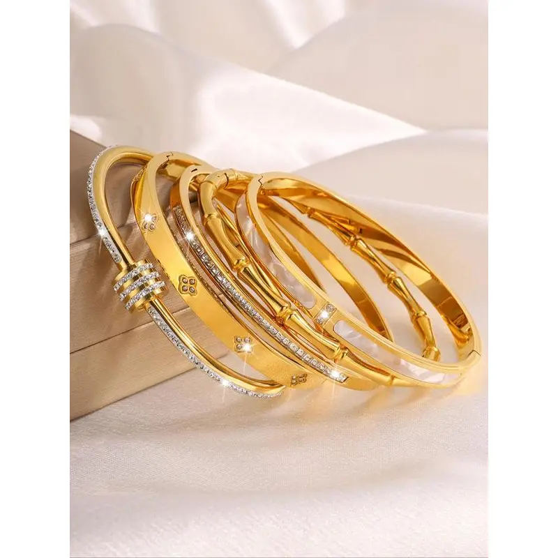 Women's 5-Piece Silver Layered Bangle Bracelet Set - Elegant Plain Layered Construction Stainless Steel Jewelry, Non-Tarnish for Daily & Party Wear, Modern, Casual