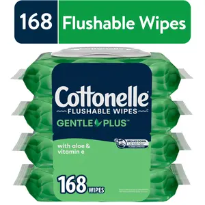 Cottonelle Gentle Plus Flushable Wipes, 4 Flip-Top Packs with Aloe & Vitamin E, 100% Flushable