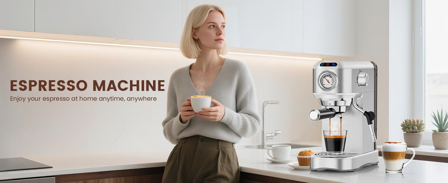 Espresso Machine 20 Bar, Compact Coffee Maker with Stainless Steel Design & Steam Milk Frother, 34oz Removable Water Tank for Lattes & Cappuccinos, Silver