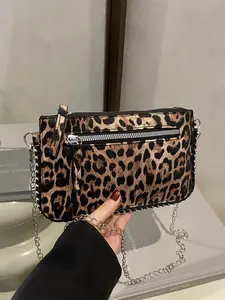 Leopard Print Chain Casual Shoulder Bag, Ultra-Thin Phone Case with Two Zipper Pockets, Multi-Layer Storage, Perfect Daily Accessory, Double Zipper Purse