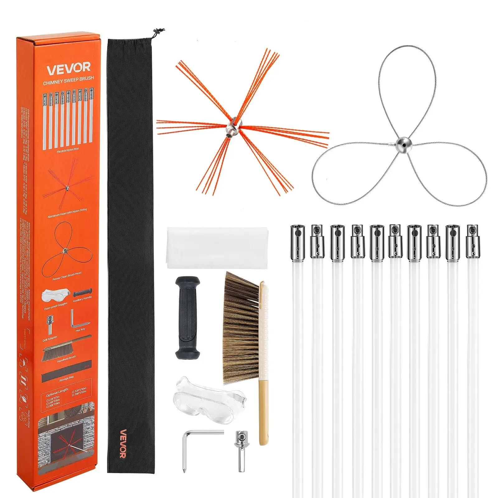 VEVOR Chimney Sweep Kit,  33 ft Maximum Extendable Length Chimney Brush, Chimney Cleaner Sweeper with Dual Brush Heads, Brush & Goggles, Fireplace Cleaning Tool for Square, Rectangle, Arch Chimneys