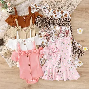Girls Toddler 3Pcs Spring Set Cold Shoulder Romper Flare Pants Short Sleeve Headband