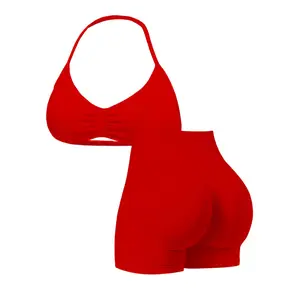 New Women's Sporty Yoga Set, High-Waist Tight-Fitting Shorts and Tank Top, Summer Fitness for Running and Gym Backless Halter Crop Seamless Scrunch Butt Leggings