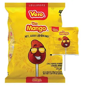 Vero Mango, Chili Covered Mango Flavored Lollipops, 40 Pieces